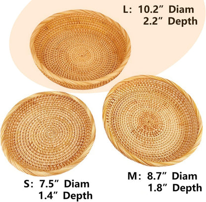 I-lan 10 Inch Round Bread baskets with 2" Wall, Rattan Fruit Basket with Rolled Edge, Decorative Natural Basket Wicker Bowl for Nuts, Candy Catch All Dish, Storage, Coffee Table, Brown, L