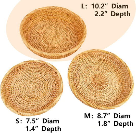 I-lan 10 Inch Round Bread baskets with 2" Wall, Rattan Fruit Basket with Rolled Edge, Decorative Natural Basket Wicker Bowl for Nuts, Candy Catch All Dish, Storage, Coffee Table, Brown, L