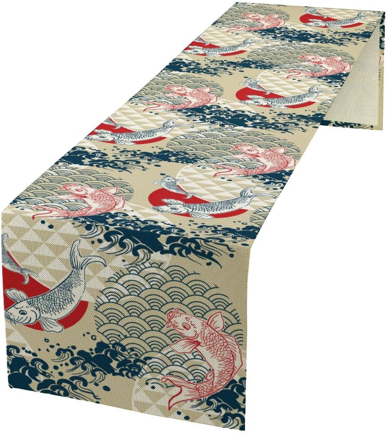 Japanese Kio Fish Table Runner, Line Art Colorful Janan Style Oriental Table Runner for Kitchen Study Living Room Home Bedroom, Gray 13x36 Inch