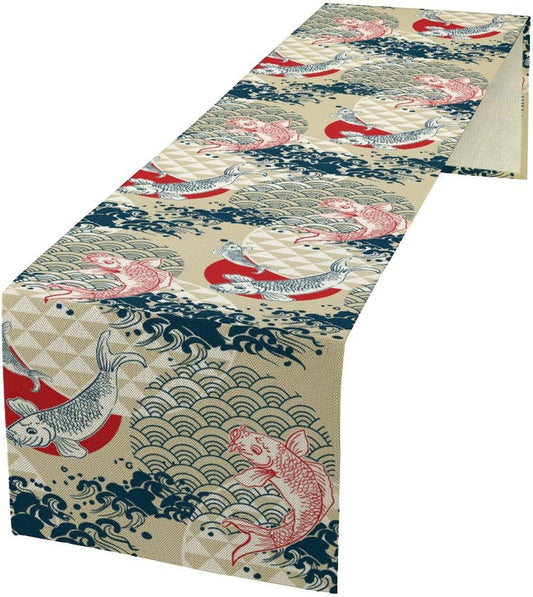 Japanese Kio Fish Table Runner, Line Art Colorful Janan Style Oriental Table Runner for Kitchen Study Living Room Home Bedroom, Gray 13x70 Inch