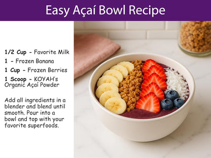 KOYAH - Organic Acai Powder (150g - 50 Servings): Brazil Grown, Freeze-Dried, 100% Pure, No Citric Acid Added, Great in Smoothies and Bowls