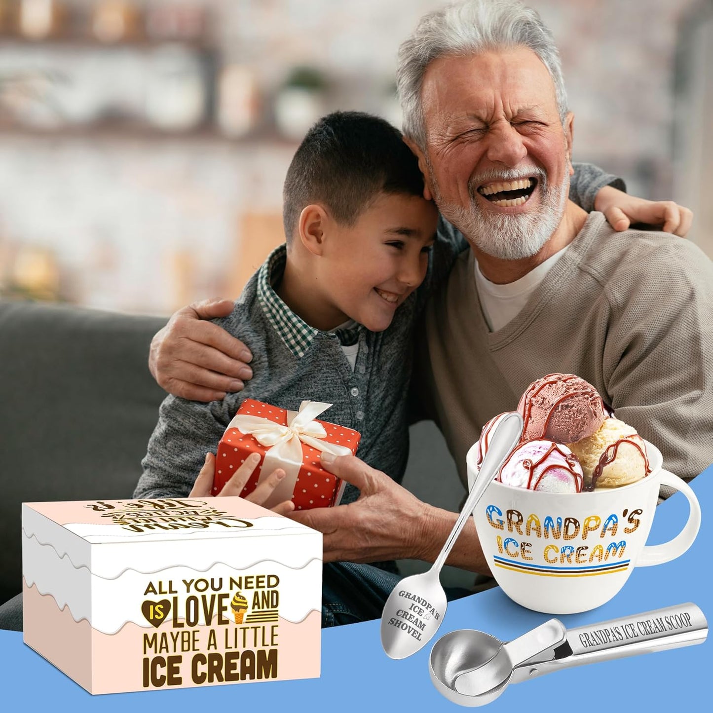 Fathers Day Grandpa Gifts, Grandpa Gift from Granddaughter, Grandpa's Ice Cream Bowl Scoop Shovel Spoon Set, Christmas Birthday Father's Day from Grandkids