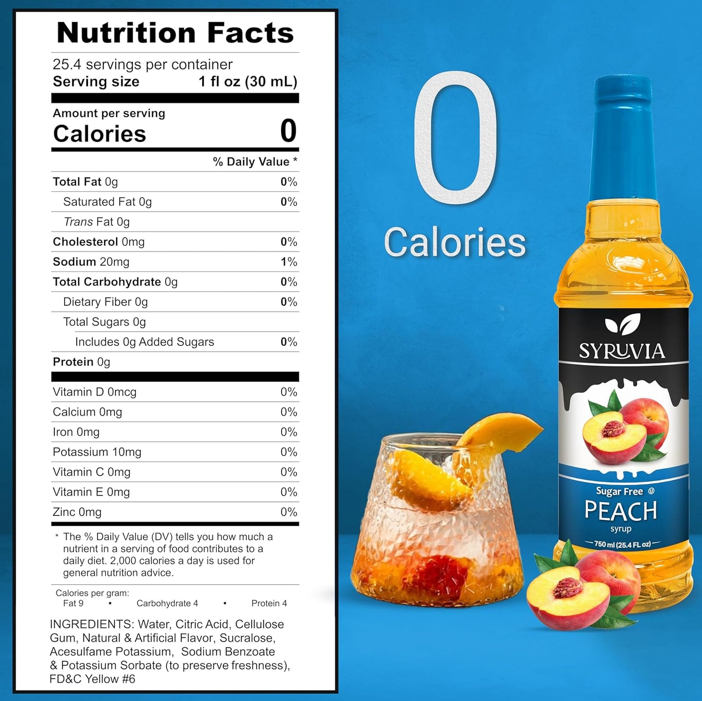 Syruvia Sugar-Free Peach Syrup, Flavored Syrup for Drinks, Cocktails, Lemonades, Iced Teas, and Desserts – 25.4 fl oz