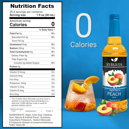 Syruvia Sugar-Free Peach Syrup, Flavored Syrup for Drinks, Cocktails, Lemonades, Iced Teas, and Desserts – 25.4 fl oz