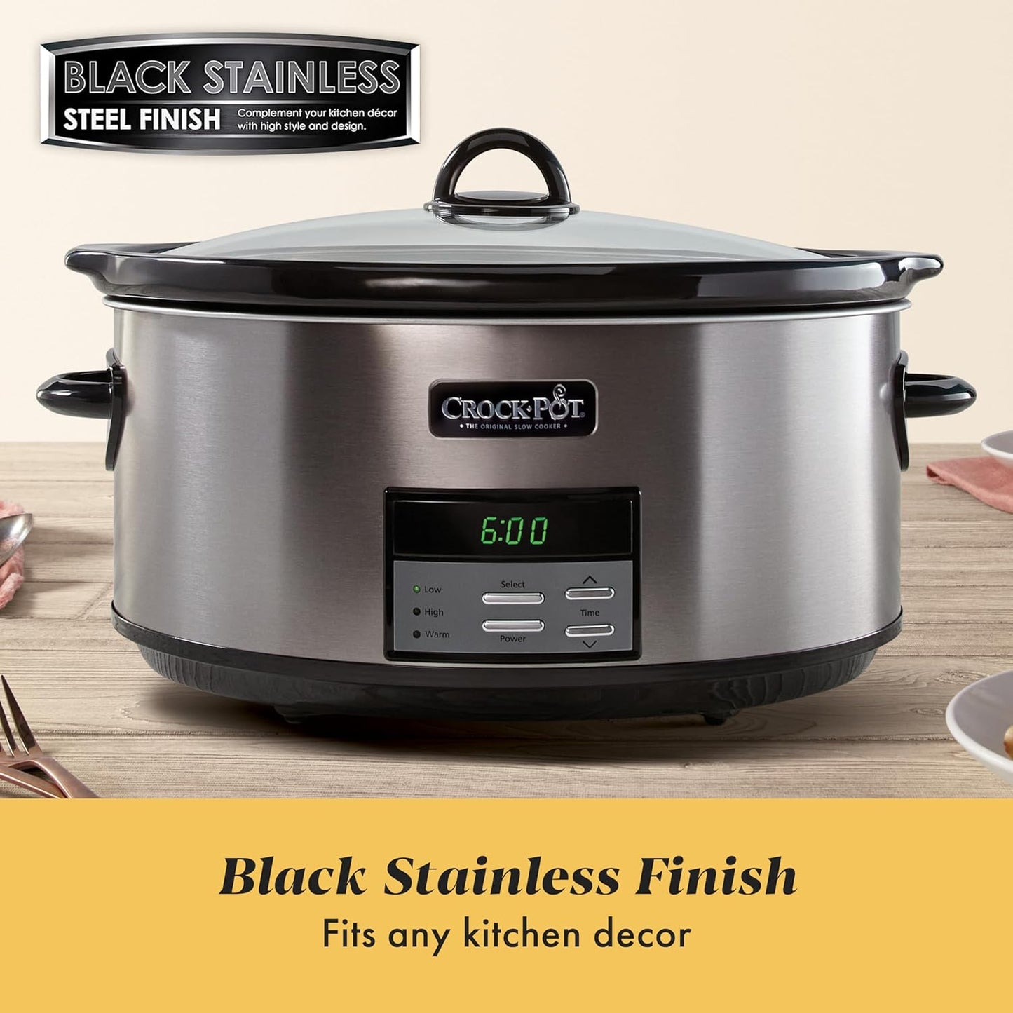 Crock-Pot Large 8-Quart Programmable Slow Cooker with Auto Warm Setting Black Stainless Steel
