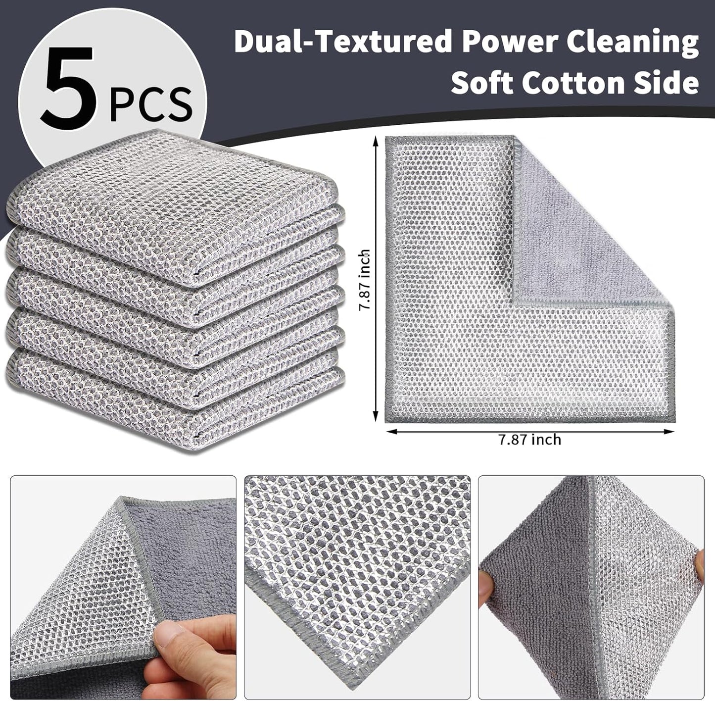 2 in 1 Stainless Steel Scrubber & Microfiber Cleaning Cloth, 5 Pack Towel & Steel Scrub Cloth for Pans, Dishes, Countertops, Reusable Non-Scratch Cleaning Pad for Kitchen Sink