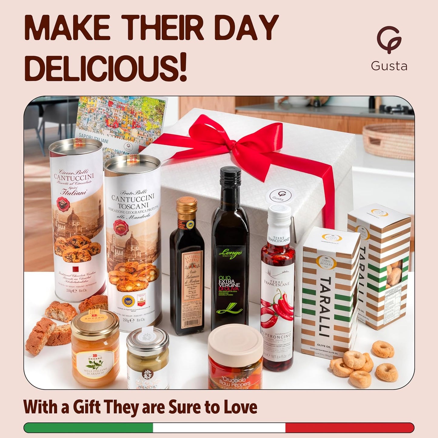 Gusta Italian Gift Basket in Deluxe Packaging - Made in Italy - Holiday Gift for Birthdays, Families, Clients, Parties, Housewarming, Client Thank You & Sympathy Gift Baskets