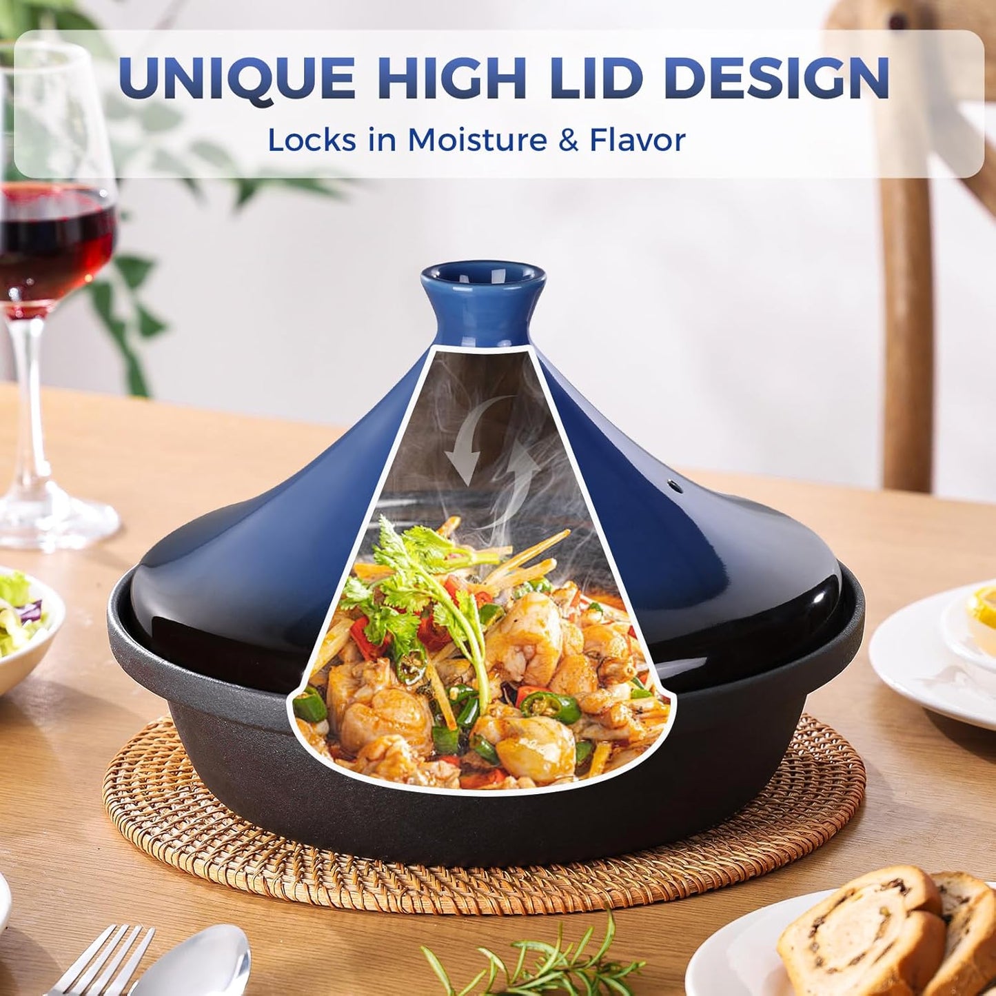 Moroccan Tagine for Cooking: Enameled Cast Iron Cooking Pot, Slow Cooker, Classic Kitchen Cookware, Tajine with Ceramic Cone-Shaped Closed Lid, 3.3 QT, Blue