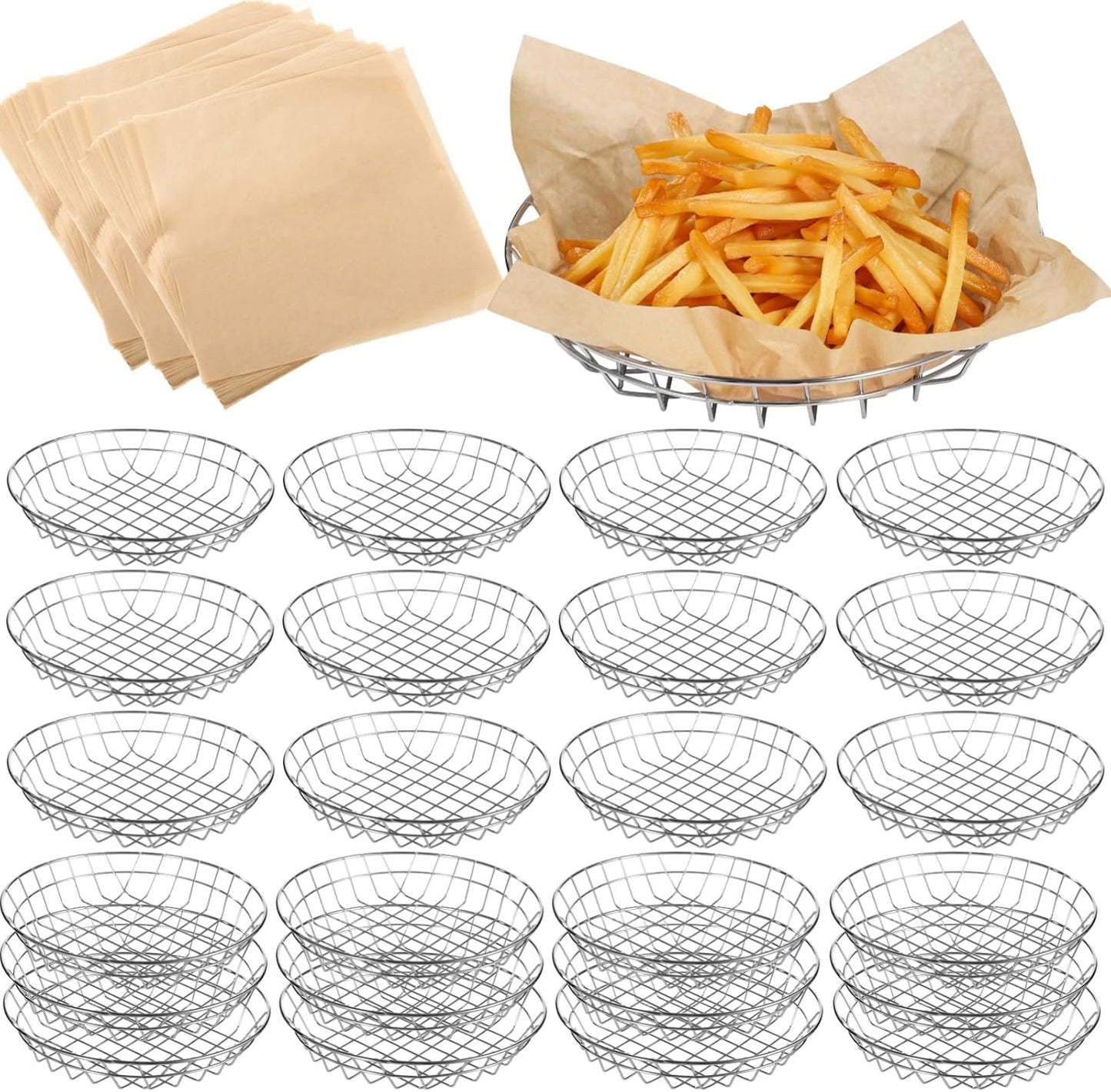 24 PCS Food Serving Wire Baskets, 9.8 x 9.8 x 1.8 Inch Wire Bread Baskets with 100 Sheets Deli Wrapper, Metal Snack Basket with Oil-Absorbing Paper for Restaurant Party
