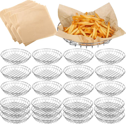 24 PCS Food Serving Wire Baskets, 9.8 x 9.8 x 1.8 Inch Wire Bread Baskets with 100 Sheets Deli Wrapper, Metal Snack Basket with Oil-Absorbing Paper for Restaurant Party