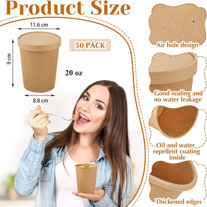 Sabary 50 Pack 20 oz Paper Soup Containers with Lid Disposable Kraft Soup Food Bowl Microwavable Food Storage Ice Cream Containers Nice for Restaurants(Brown)