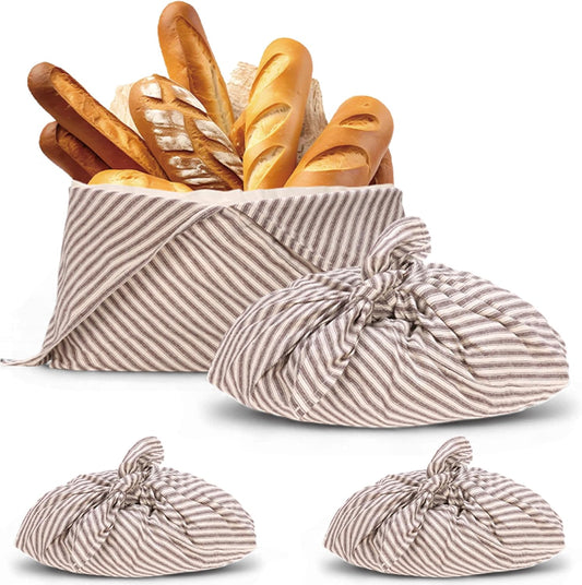 yeload 2 Pack Beeswax Bread Bags, Striped Linen Bento Bags, 14" Cotton Loaf Bag, Reusable Organic Food Storage, Sourdough Bag, Rustic Farmhouse Azuma Bukuro Origami Wrap for Baked Gifts (Caffe, 2)