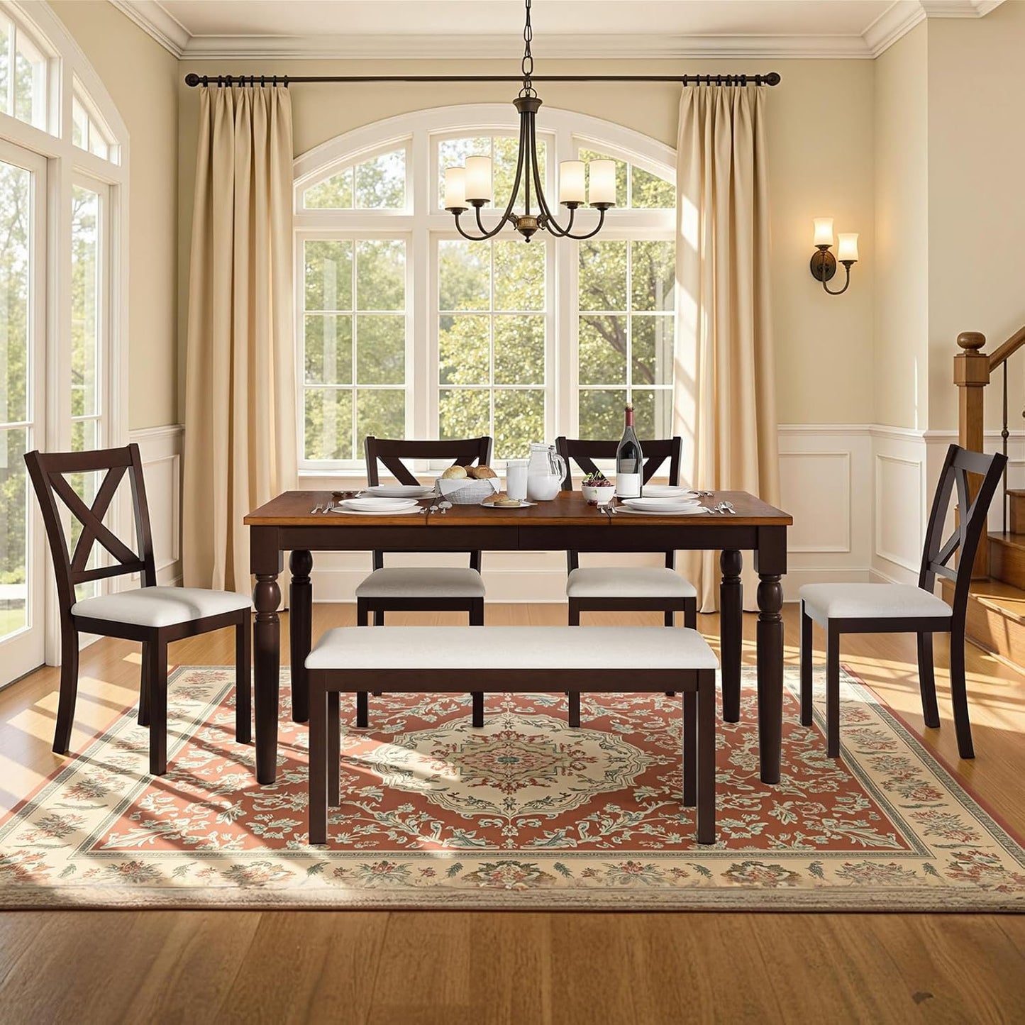 6-Piece Solid Wood Dining Table Set, Upholstered Chair w/Bench Seat, Seating for 6, 60'' Farmhouse Wood Kitchen Chairs Set for Living Room, Dining Room, Brown & Black Finish