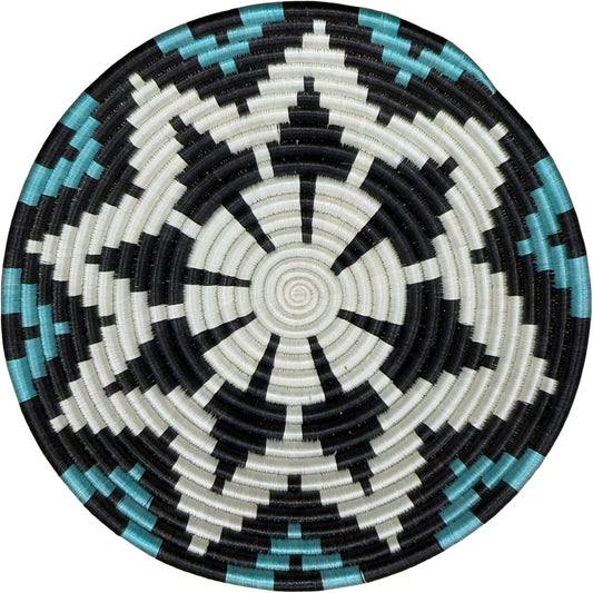 Handwoven African Basket Handmade sisal Fruit Bowl Wall Hanging decorative Baskets for Home Living Room Kitchen Centerpiece Zen Designs Arts and Crafts (Blue Black Natural, 8in diameter)