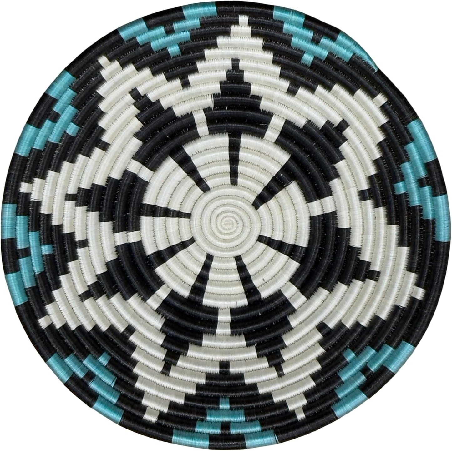 Handwoven African Basket Handmade sisal Fruit Bowl Wall Hanging decorative Baskets for Home Living Room Kitchen Centerpiece Zen Designs Arts and Crafts (Blue Black Natural, 12in diameter)