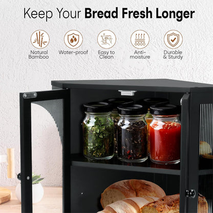 Corner Bread Box for Kitchen Countertop, Double Layer Bamboo Bread Storage Container for Homemade Bread, Large Capacity Bread Holder with 3 Adjustable Height for Counter, Breadbox Organizer