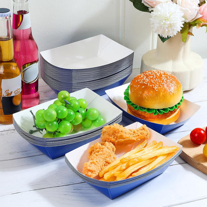 50 Pcs 2lb Paper Food Boat Trays Disposable，Snack Tray，Food Trays for Snack French Hot Dog Taco Popcorn Picnic party Wedding，Concession Stand Supplies (Blue)