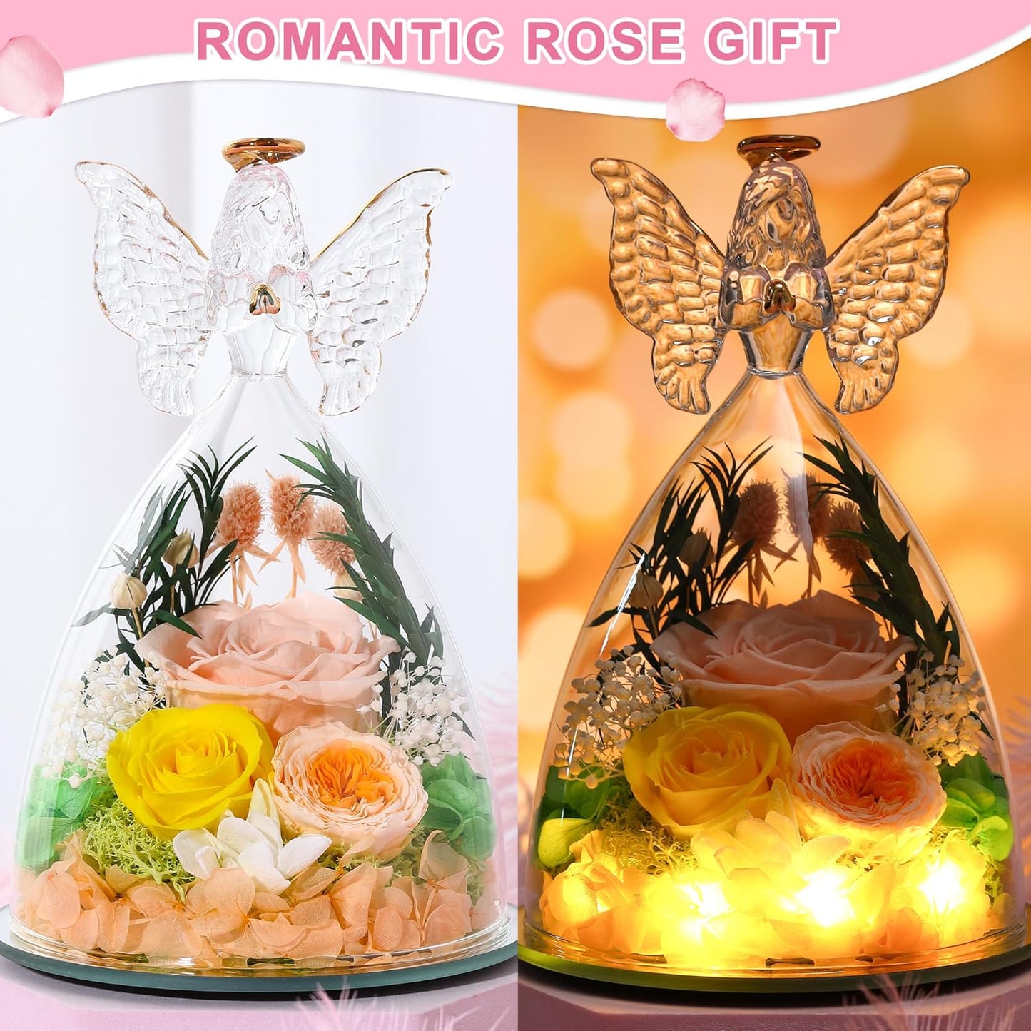 Christmas Rose Gifts for Women Preserved Real Flower in Glass Angel Figurines Roses for Delivery Prime Birthday Gifts for Mom Grandma Girlfriend Wife Her, Champagne Austin Roses