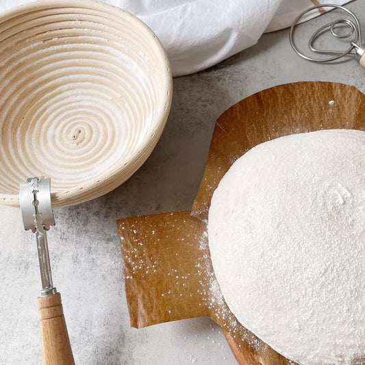 Banneton Bread Proofing Basket - Rattan Proofing Baskets for Sourdough Bread | Banneton Baskets Bowls with Linen Liners for Artisan Homemade Bread Baking (9 inch Basket Set of 2 with Baking Supplies)