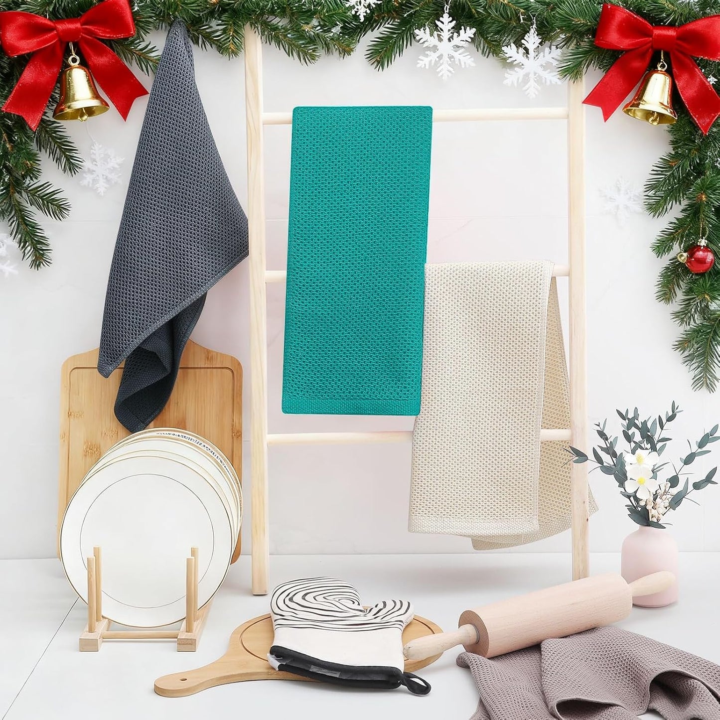 Homaxy 100% Cotton Waffle Weave Kitchen Dish Towels, Ultra Soft Absorbent Quick Drying Cleaning Towel, 13 x 28 Inches, 4-Pack, Teal