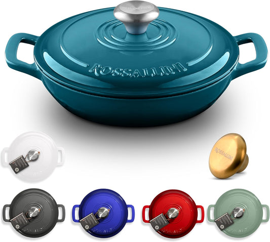 Signature Enameled Cast Iron Braiser, Non-Stick Serving Pot with Tight Fitting Lid for Perfect Roasting, Baking, Sauteing, Searing, and Pan Frying | 1.5Q (1.4L) - Ocean Blue