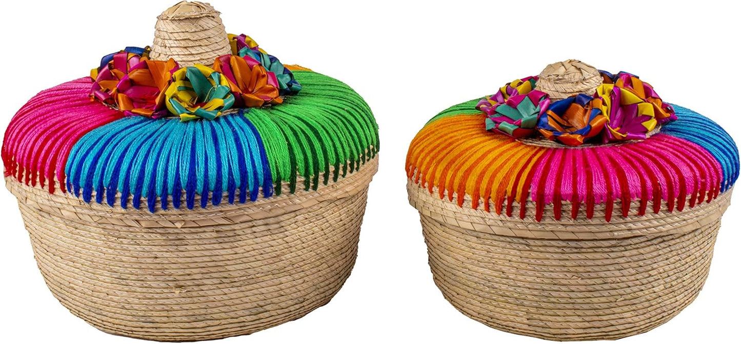 2-Pack Genuine Mexican Handwoven Tortilla Basket, Fiesta Mexican Tortilla Warmer, Tortilla Holder, Tortillero, Palm Straw Baskets Handmade in Mexico, Mexican Bowls (2, Arcoiris)