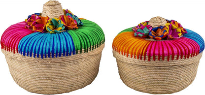 2-Pack Genuine Mexican Handwoven Tortilla Basket, Fiesta Mexican Tortilla Warmer, Tortilla Holder, Tortillero, Palm Straw Baskets Handmade in Mexico, Mexican Bowls (2, Arcoiris)