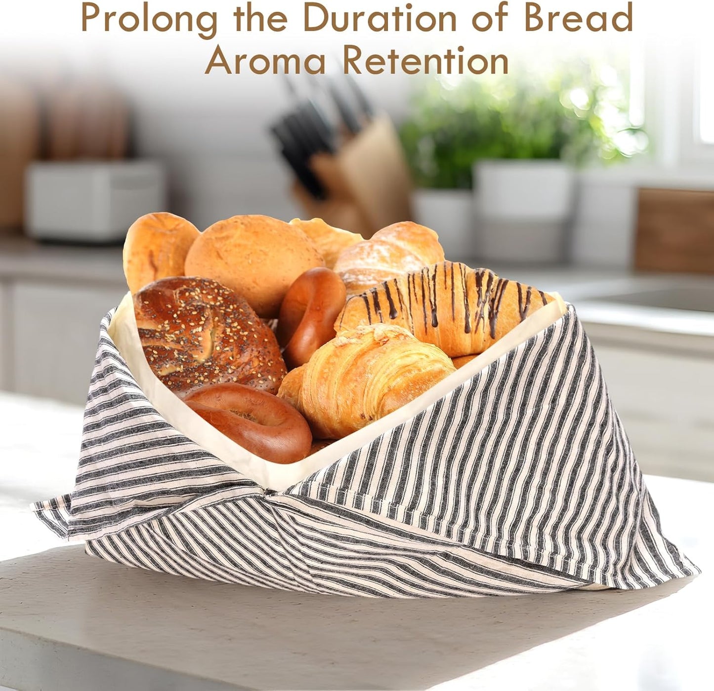 4 Pack Beeswax Bread Bags, Striped Linen Bento Bags, 14" Cotton Loaf Bag, Reusable Organic Food Storage, Sourdough Bag, Rustic Farmhouse Azuma Bukuro Origami Wrap for Baked Gifts (Natural Color, 4)