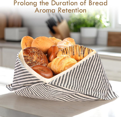 4 Pack Beeswax Bread Bags, Striped Linen Bento Bags, 14" Cotton Loaf Bag, Reusable Organic Food Storage, Sourdough Bag, Rustic Farmhouse Azuma Bukuro Origami Wrap for Baked Gifts (Natural Color, 4)