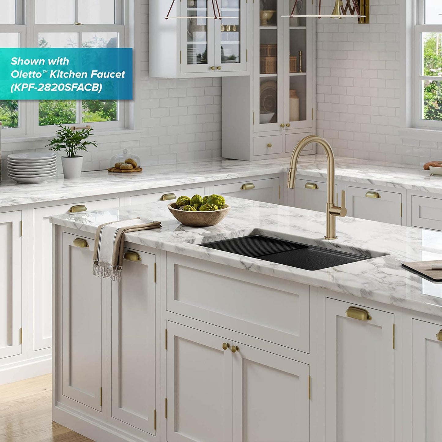 KRAUS Bellucci 32” in. Undermount Workstation Granite Kitchen Sink in Metallic Black with Accessories, KGUW2-33MBL