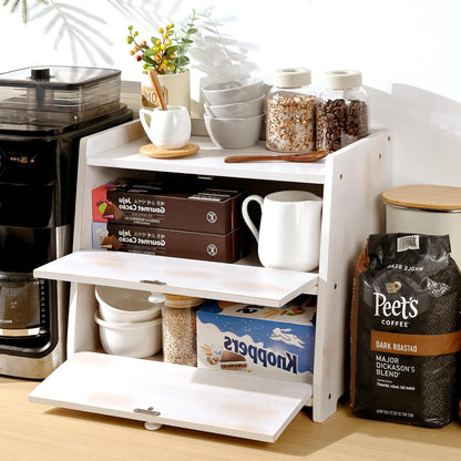 Ollieroo Vintage Double Layer Bread Box for Kitchen Countertop, Bamboo Bread Storage Container, Breadbox for Homemade Bread, Large Capacity Bread Bin(White)