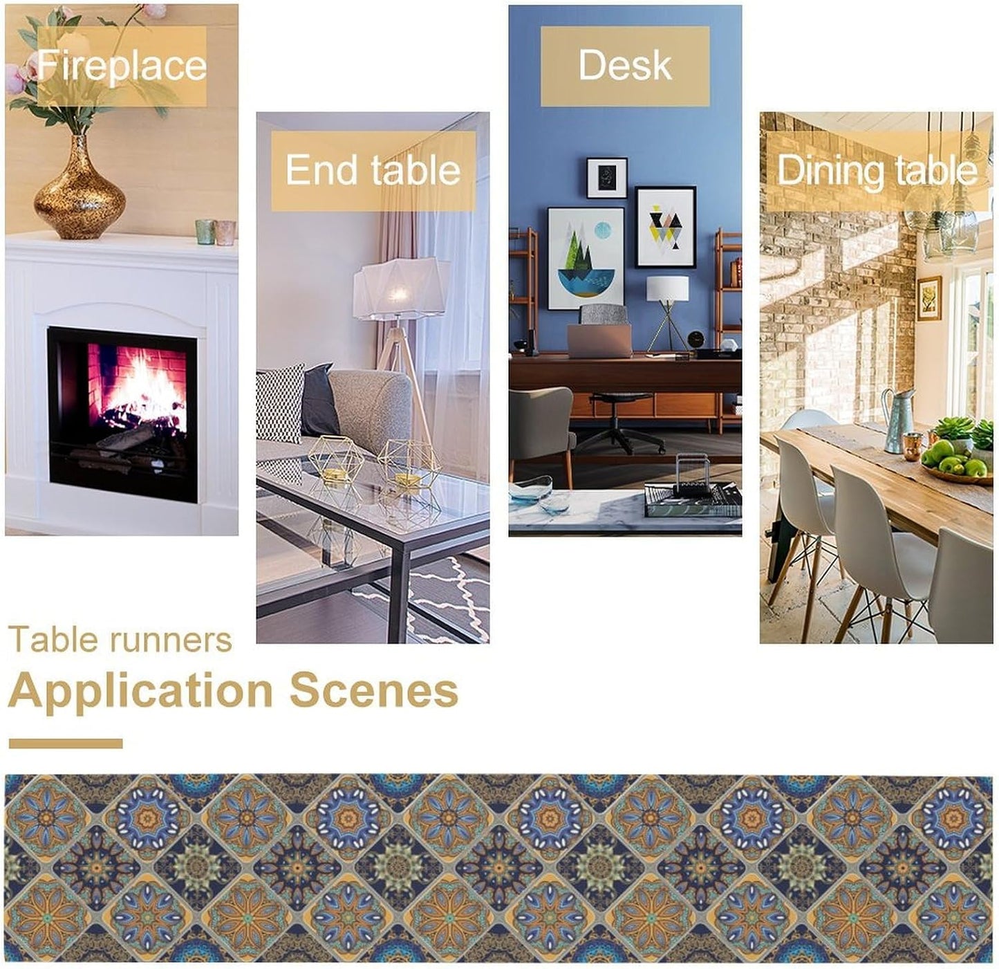 Boho Bohemian Table Runner, Vintage Farmhouse Blue Yellow Pattern Table Runners for Coffee Table Dining Room Kitchen Party Home Holiday 13x90 Inch