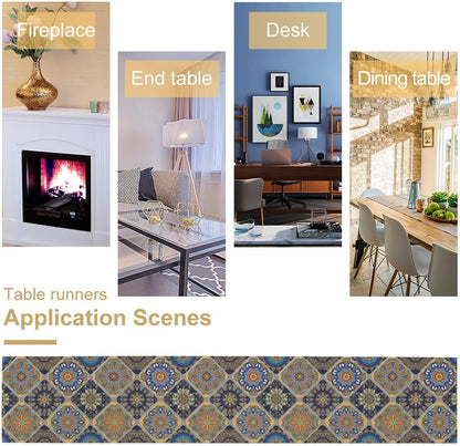 Boho Bohemian Table Runner, Vintage Farmhouse Blue Yellow Pattern Table Runners for Coffee Table Dining Room Kitchen Party Home Holiday 13x90 Inch