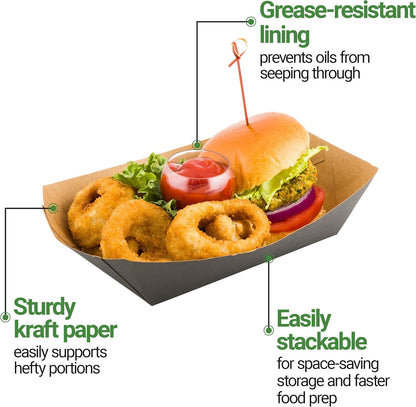 Restaurantware Bio Tek 2-pound Food Boats 200 Disposable Paper Food Trays - Heavy-Duty Greaseproof Black Paper Food Boats For Snacks Appetizers Or Treats Use At Parties Or Carnivals