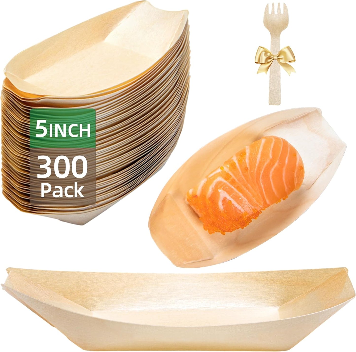 300-Pack Wooden Disposable Plates 5 IN Boat Plates Food Trays Disposable Dessert Plates Disposable Food Boats for Party Weddings Picnic (Actual Size Used: 2.95" D x 1.73" W x 0.59" H)