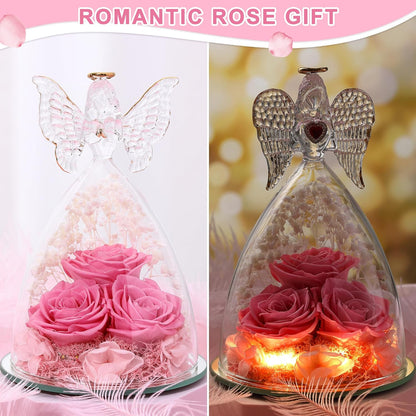 Christmas Rose Gifts for Women Preserved Real Flower in Glass Angel Figurines Roses for Delivery Prime Birthday Gifts for Mom Grandma Girlfriend Wife Her, Sweet Pink