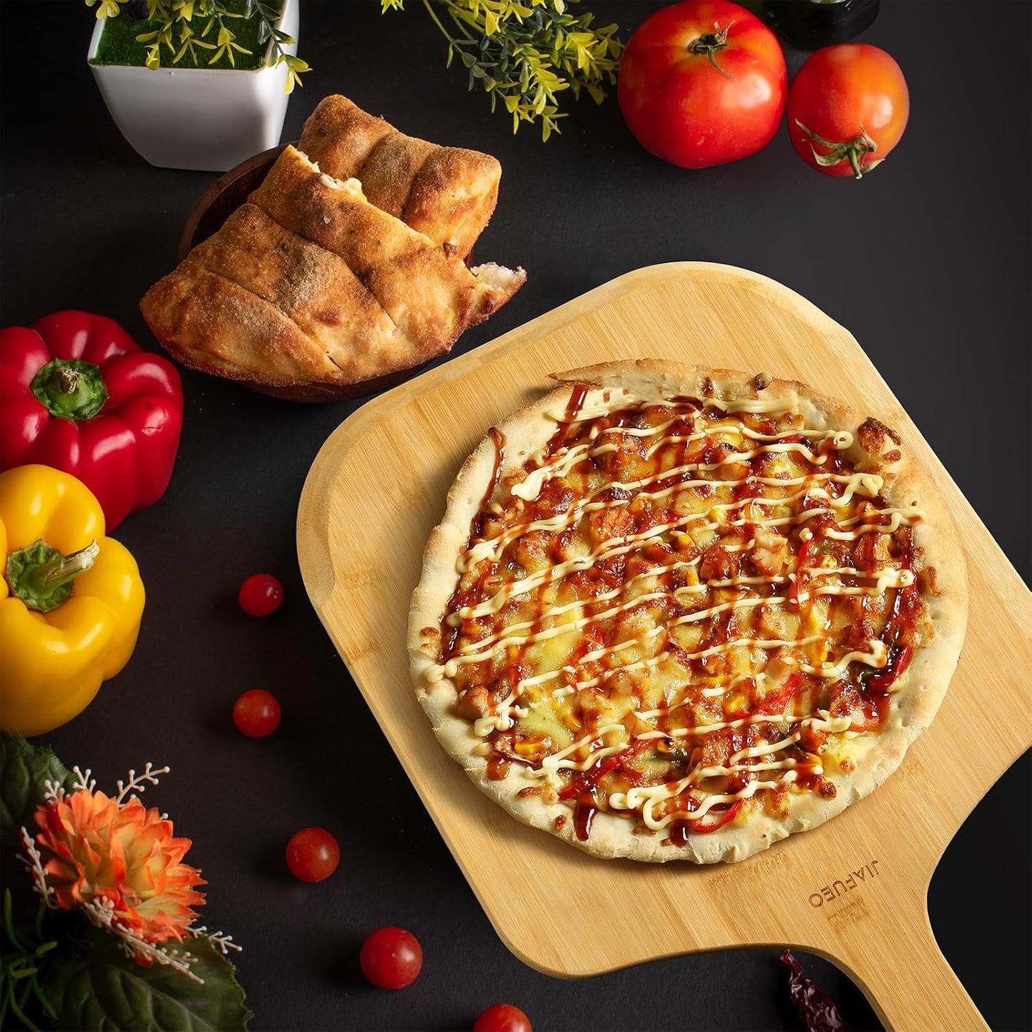 Pizza Peel 14 Inch, Large Bamboo Pizza Paddle Spatula - Wooden Serving Board, Oven Accessory for Baking Homemade, Wood Cutting Board for Cheese Bread Fruit Vegetables