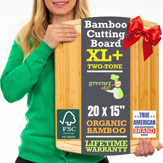 GREENER CHEF 20 Inch Extra Large Bamboo Cutting Board with Lifetime Replacement - Wooden Butcher Block for Kitchen, Carving Meat, Vegetables, and Charcuterie with Deep Juice Groove
