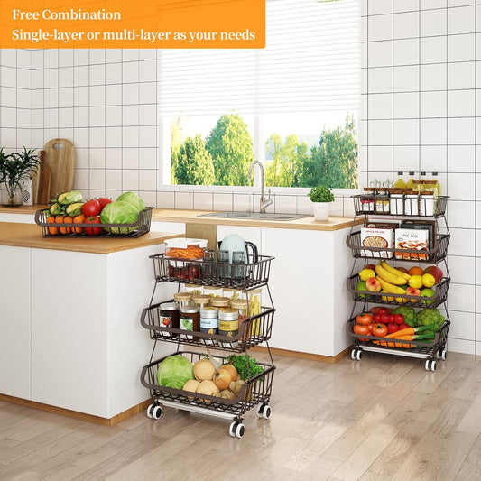 Miyawell Fruit Vegetable Storage Basket for Kitchen - 4 Tier Stackable Metal Wire Baskets Cart with Rolling Wheels Utility Fruits Rack Produce Snack Organizer Bins for Pantry Bathroom Laundry Bronze