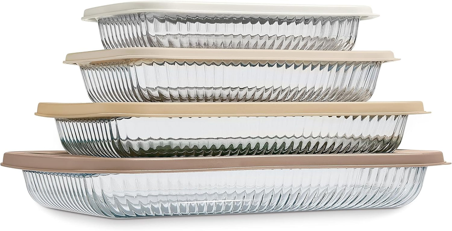 COOK WITH COLOR 8-Piece Deep Glass Baking Dish Set with Plastic Lids – Casserole and Food Storage Containers for Lasagna, Leftovers – Freezer-to-Oven, Microwave & Dishwasher Safe, Brown