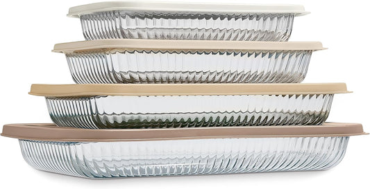 COOK WITH COLOR 8-Piece Deep Glass Baking Dish Set with Plastic Lids – Casserole and Food Storage Containers for Lasagna, Leftovers – Freezer-to-Oven, Microwave & Dishwasher Safe, Brown