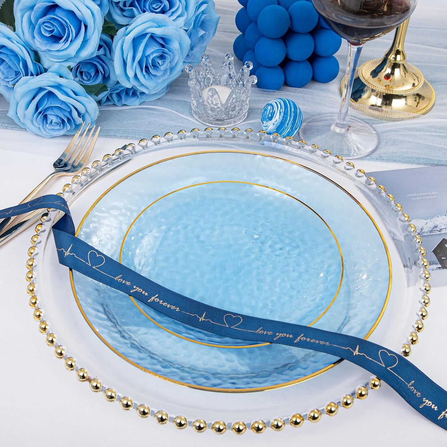 Rubtlamp 60Pcs Clear Blue Plastic Plates, Hammered Blue Plates, Clear Fancy Disposable Plates With Gold Rim Include 30 Dessert Plates, 30 Dinner Plates for Party