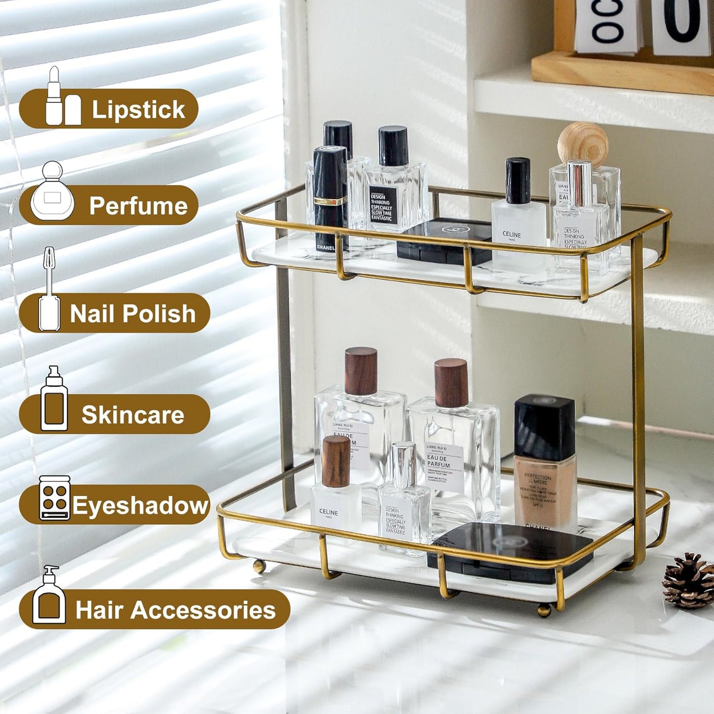 Bathroom Organizer Countertop Perfume Organizer Makeup Organizer Cosmetics Storage Display Rack Vanity Tray Dresser Stainless Steel Gold Shelf White Marble Ceramic Tray