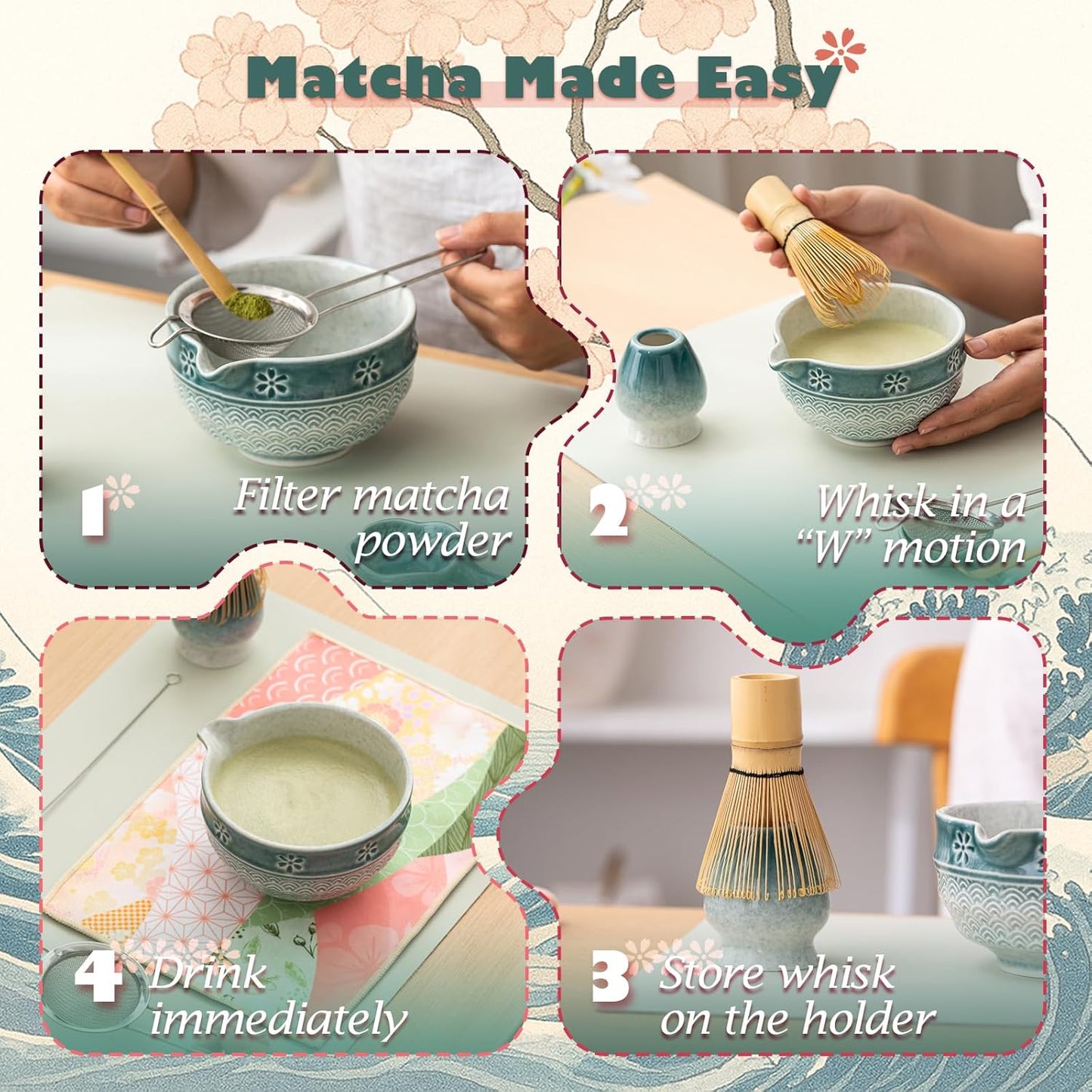 Matcha Tea Set, 8 Pcs Japanese Matcha Kit with Cherry Blossom and Wave Design Ceramic Bowl, Bamboo Whisk, Whisk Holder, Scoop, Sifter, Brush, Matcha Kit Set for Matcha Lovers (Blue Gradient)
