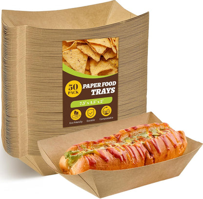 Ocmoiy 4lb Large Paper Food Trays, 50 Pack Heavy Duty Kraft Food Boats Holders Disposable Serving Basket Trays for Nachos, Burgers, Fries, Tacos, Hot Dog, Sandwiches