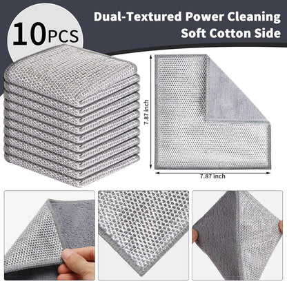 2 in 1 Stainless Steel Scrubber & Microfiber Cleaning Cloth, 10 Pack Towel & Steel Scrub Cloth for Pans, Dishes, Countertops, Reusable Non-Scratch Cleaning Pad for Kitchen Sink