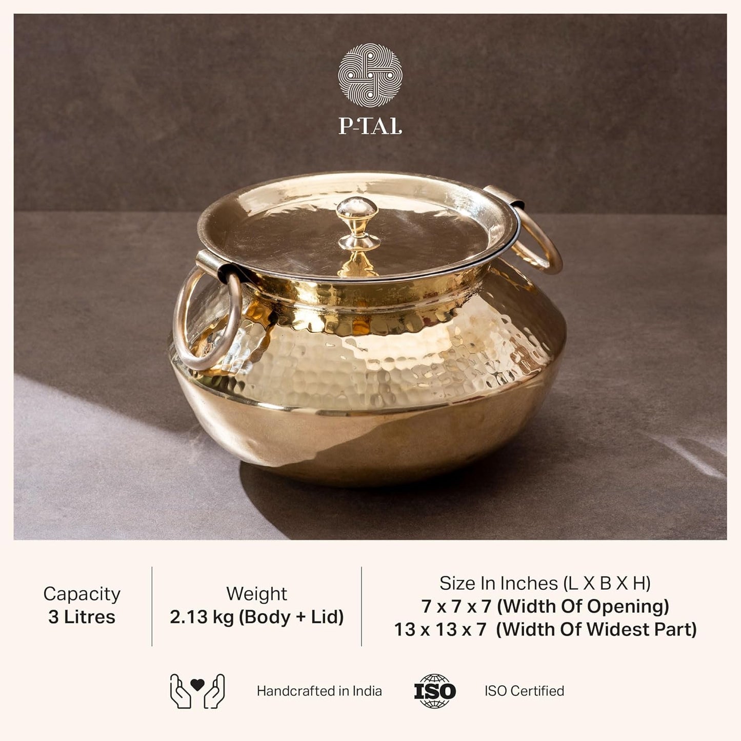 P-TAL Brass Patili with Lid and Handles for Cooking Teflon Free Degchi 3L Brass Handi for Cooking
