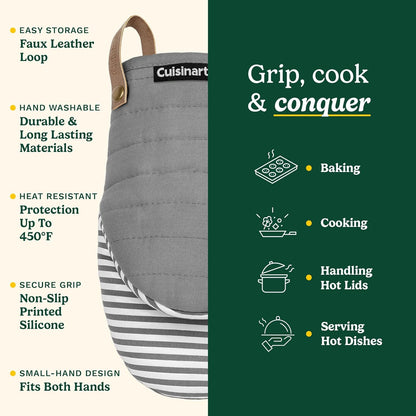 Cuisinart Mini Oven Mitts – 5.5” x 8” Heat-Resistant Kitchen Mitts for Oven with Non-Slip Printed Silicone, Cotton Filling, and Faux Leather Loop – Durable Oven Mitt Set for Cooking & Baking (Horizon)