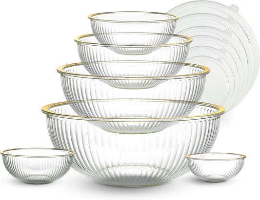 COOK WITH COLOR 12 Pc Glass Mixing Bowl Set with Lids – Borosilicate Glass Nesting Bowls for Cooking, Baking and Meal Prep, Fluted with Gold Rim