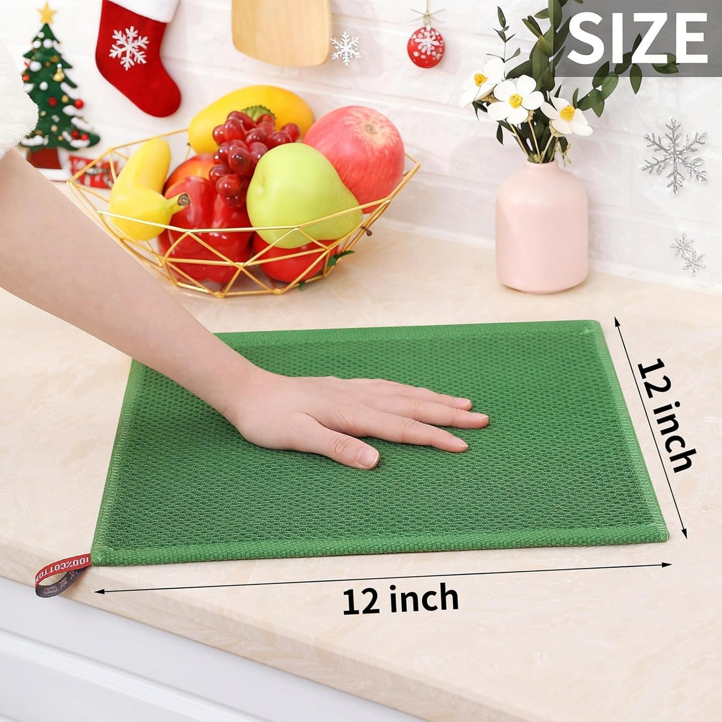 Homaxy 100% Cotton Waffle Weave Kitchen Dish Cloths, Ultra Soft Absorbent Quick Drying Dish Towels, 12 x 12 Inches, 12-Pack, Grass Green